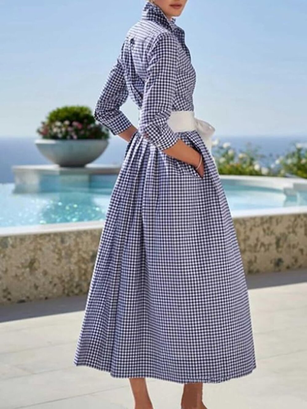 Retro Plaid Button Up Maxi Shirt Dress with Belt 3/4 Sleeve Pocketed - Navy Blue - Picture 2 of 3